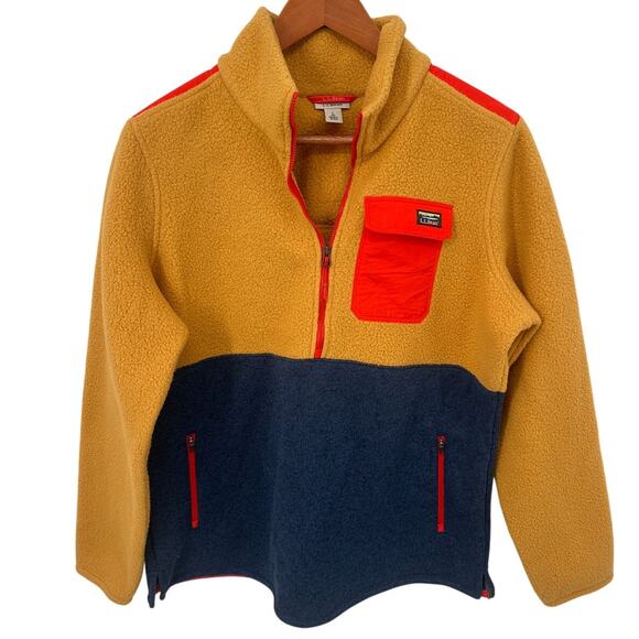 LL BEAN Ws Sweater Fleece Sherpa Colorblock Hybrid Pullover Navy Yellow Red // L - Picture 1 of 9